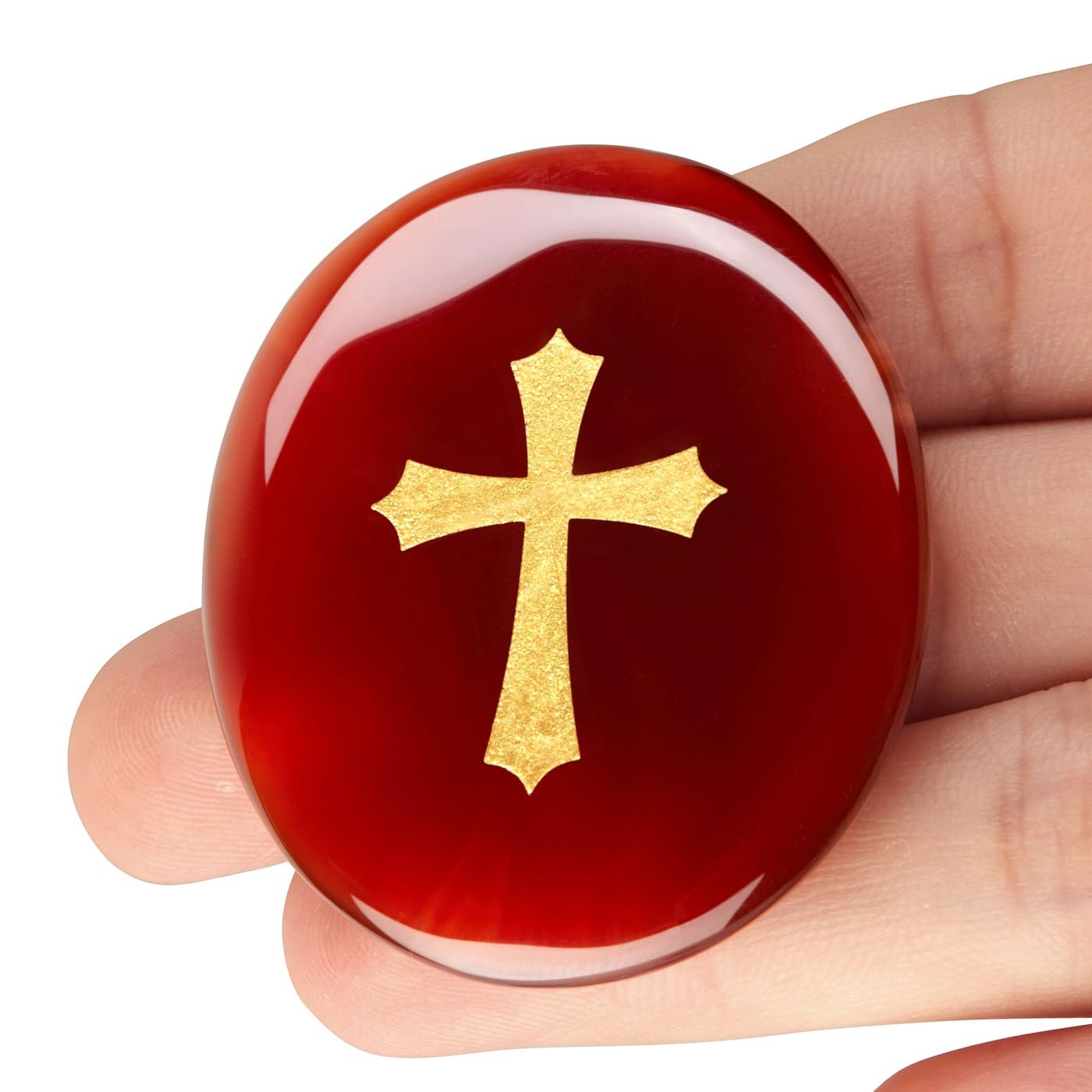 LAIDANLA Red Agate Cross Engraved Healing Crystal Worry Stones for Pray Faith Anxiety Relief Oval Palm Stone Polished Natural Crystal Gifts
