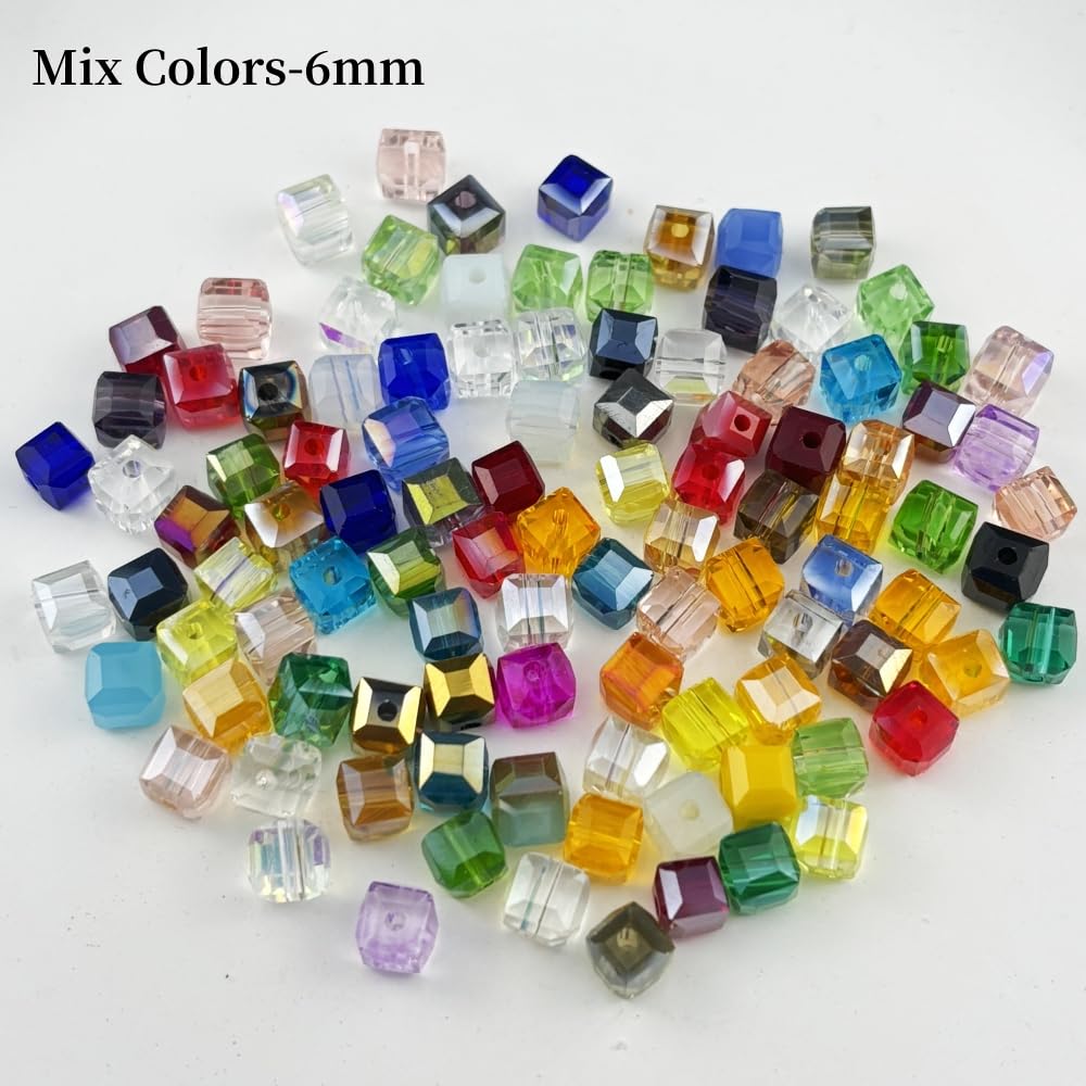 YUEXIGO 100pcs 6mm Cube Crystal Glass Beads for Jewelry Making Faceted Square Crystal Glass Bead Spacer Beads Loose Beads for Bracelet Earring Necklace DIY Craft(Mix Colors)