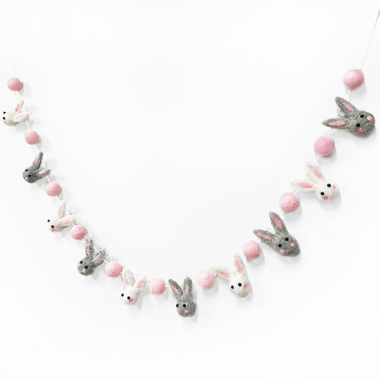 pinkblume Easter Felt Garland Wool Rabbit Pom Pom Banner,Handmade Bunny Ball Garland for Easter Holiday Baby Shower/Some Bunny is One/Nursery Decorations/Wall Hanging Decor(White/Pink/Grey)