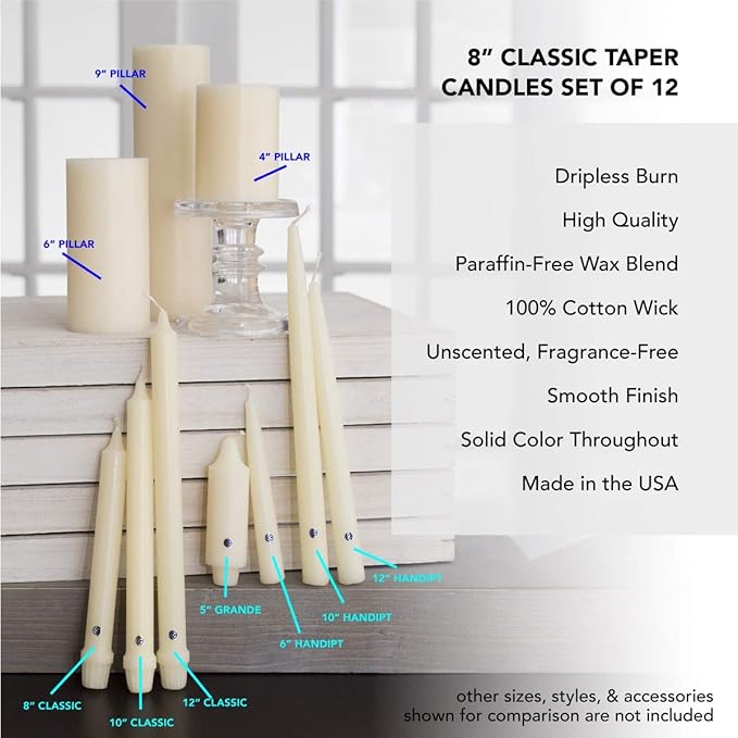Colonial Candle Unscented Taper Candle, Handipt Collection, Coastal Blue, 10 in, Pack of 12 - Up to 8 Hours Burn