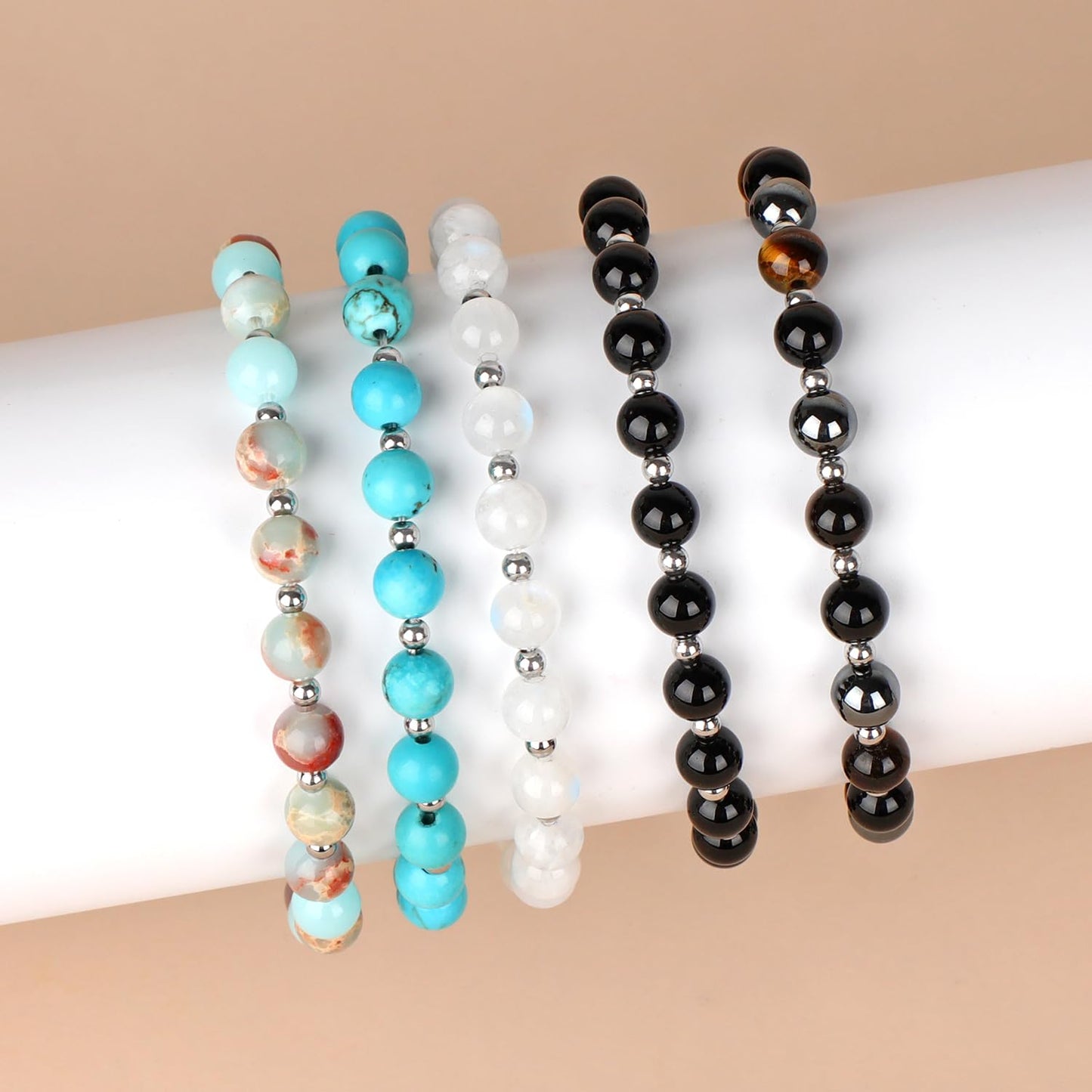 QOGIR Blue Turquoise - Stone of Wisdom - Stainless Silver Beads Natural Gemstone Stretch Elastic Dainty Healing Beaded Bracelets Gifts 6mm