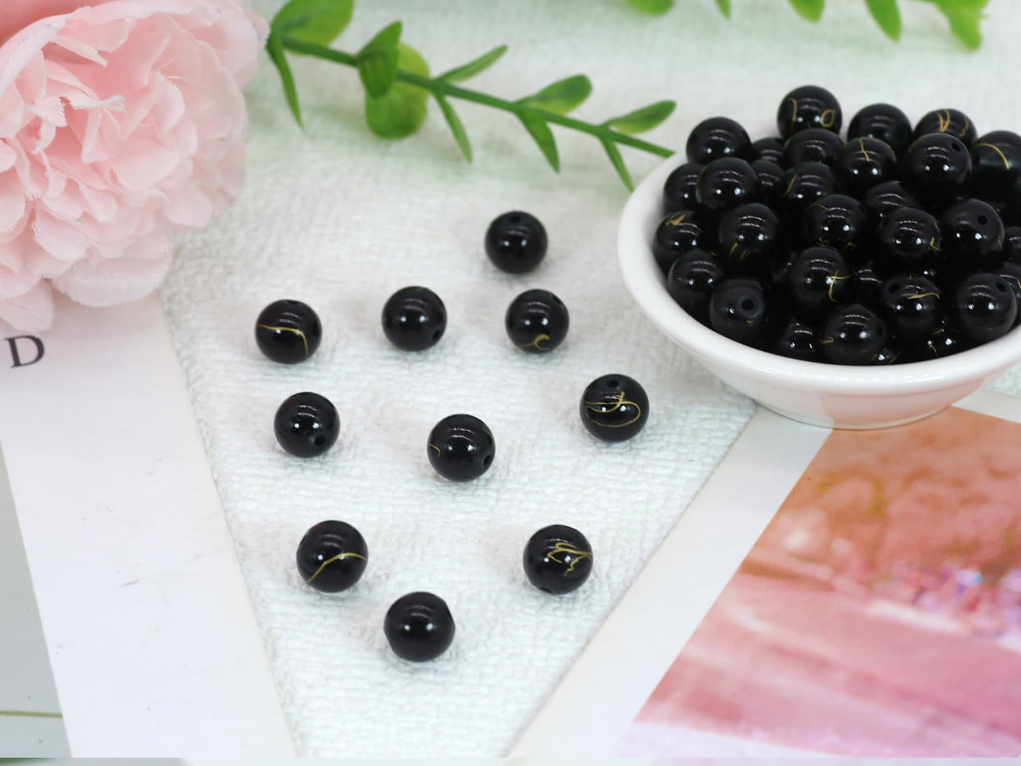 Pamir Tong 300PCS 10mm Black & Gold Round Glass Beads Bracelet Space Loose Smooth Beads for Jewelry Making, Earring, Necklaces, Keychains, Lanyards & Adult Crafting