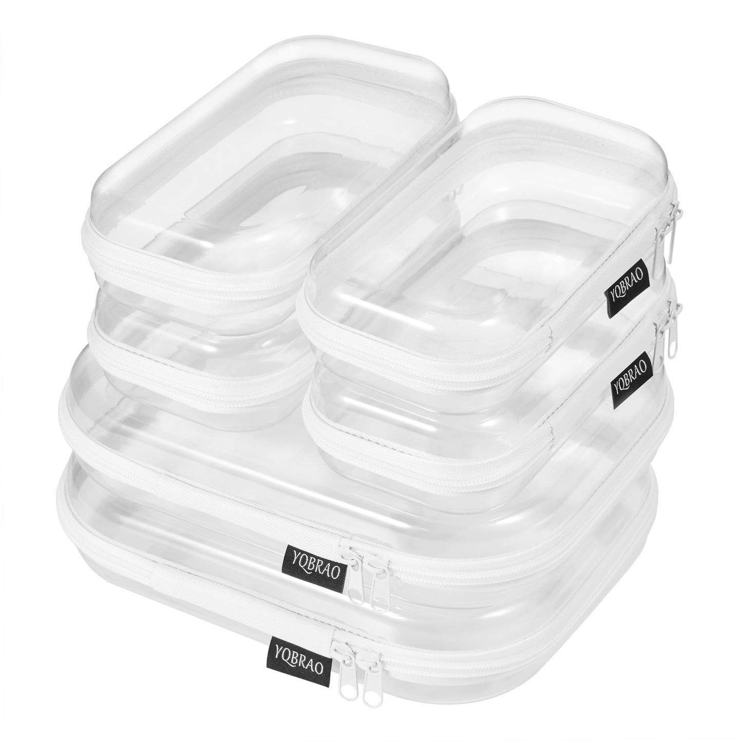 YQBRAO 6 Pack Clear Hard Shell Beauty Organizer (2M+4S), 1.2mm Crush-Proof Cosmetic Case, Reinforced YKK Zippers, Stadium Approved Security Bag for Skincare, Toiletries & Electronics, Multi-Size Set