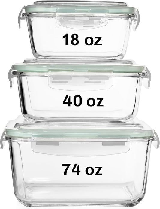 Razab Glass Food Storage Containers Set - 6 PC Airtight Meal Prep Containers | 74, 40 & 18 oz, Freezer Safe