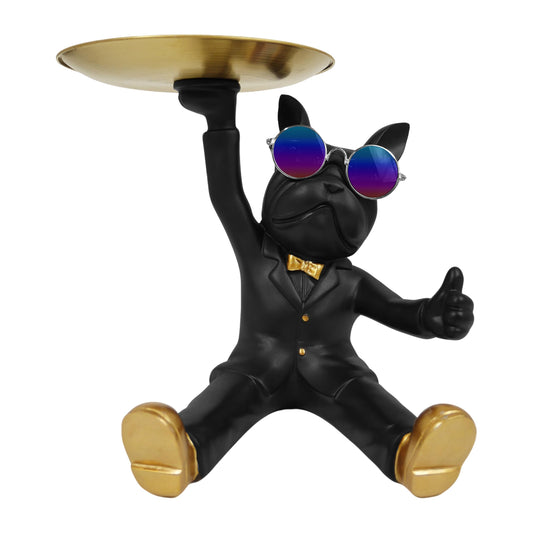 Cozy Villa French Bulldog Tray Statue, Black Frenchie Sculpture with Gold Tray for Entrance Coffee Table Décor, Dog Key Holder Jewelry Trays