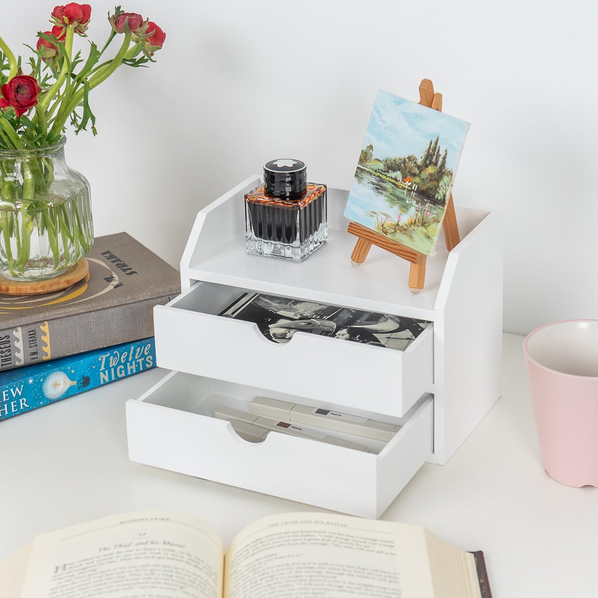 ROSE BLOOM White Wood Desk Organizer with 2 Drawer, Mini Cute Cabinet with Storage Shelf for Tabletop, Small Desktop Box Organizer for Cosmetic Office Supplies