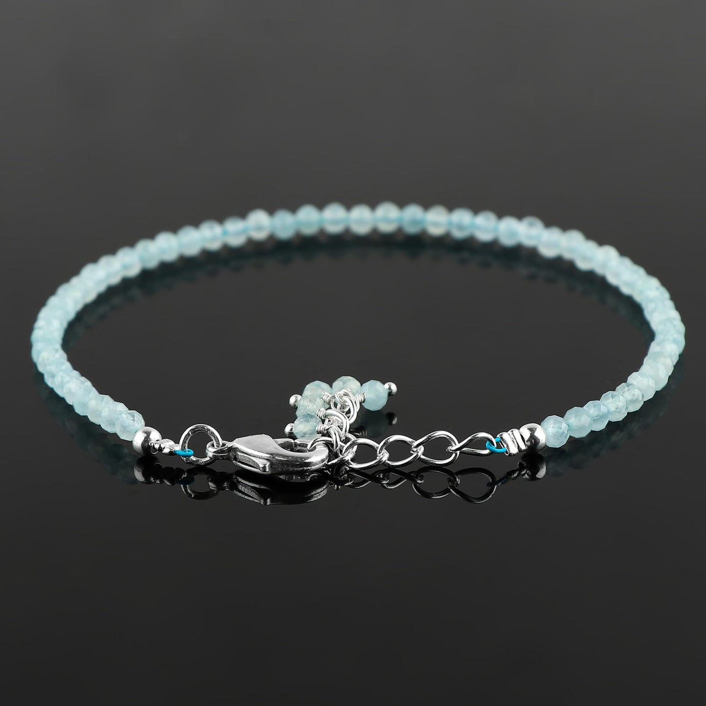 CRYSTALINES Natural Aquamarine Gemstones Beads Bracelets, Handmade, Real Crystals Jewelry, March Birthstone, Beaded Bracelet, Silver Plated, Adjustable Chain 7+1inch, Women Bracelet, AAA Grade