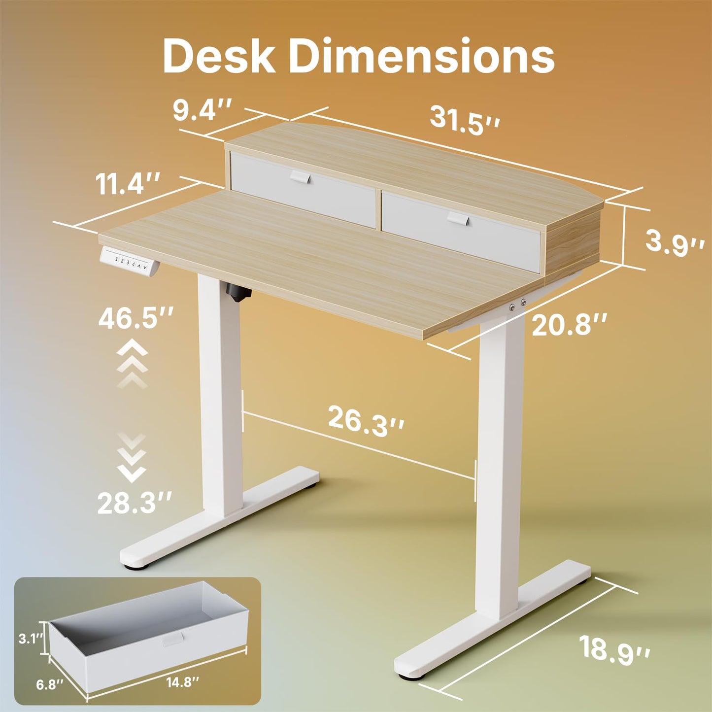 HUANUO 32 x 21 inch Small Electric Standing Desk with 2 Drawers, C-Clamp Mount Compatible, Height Adjustable Sit Stand Desk, Home Office Stand Up Desk with 4 Memory Height Settings, Light Walnut