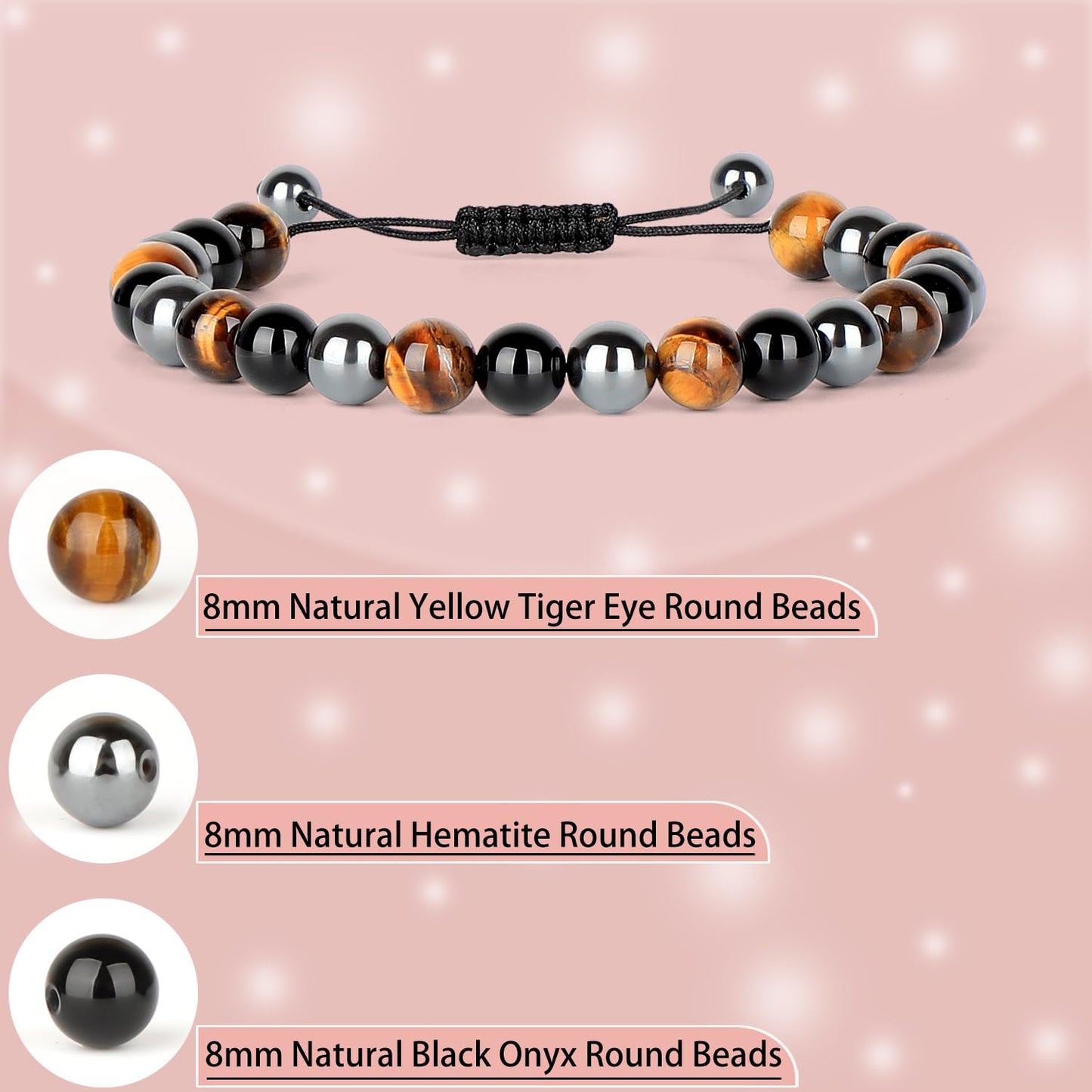 LPBeads 8mm Onyx Tiger's eye Hematite Mixed stone Bracelet with Handmade Rope Bracelet Size Adjustable Natural Stone Crystal Healing Bracelets Gifts for Unisex Adults