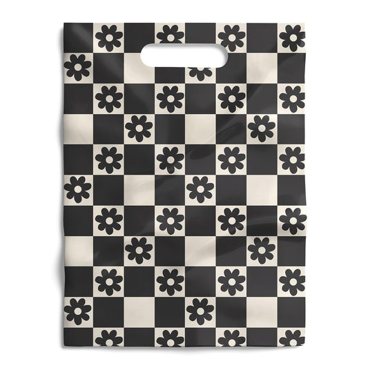 Package Mint 100 Pack 9x12 Reusable Merchandise Gift Bags with Handles – Daisy Checkerboard Design for Boutiques, Retail, and Party Favor Packaging