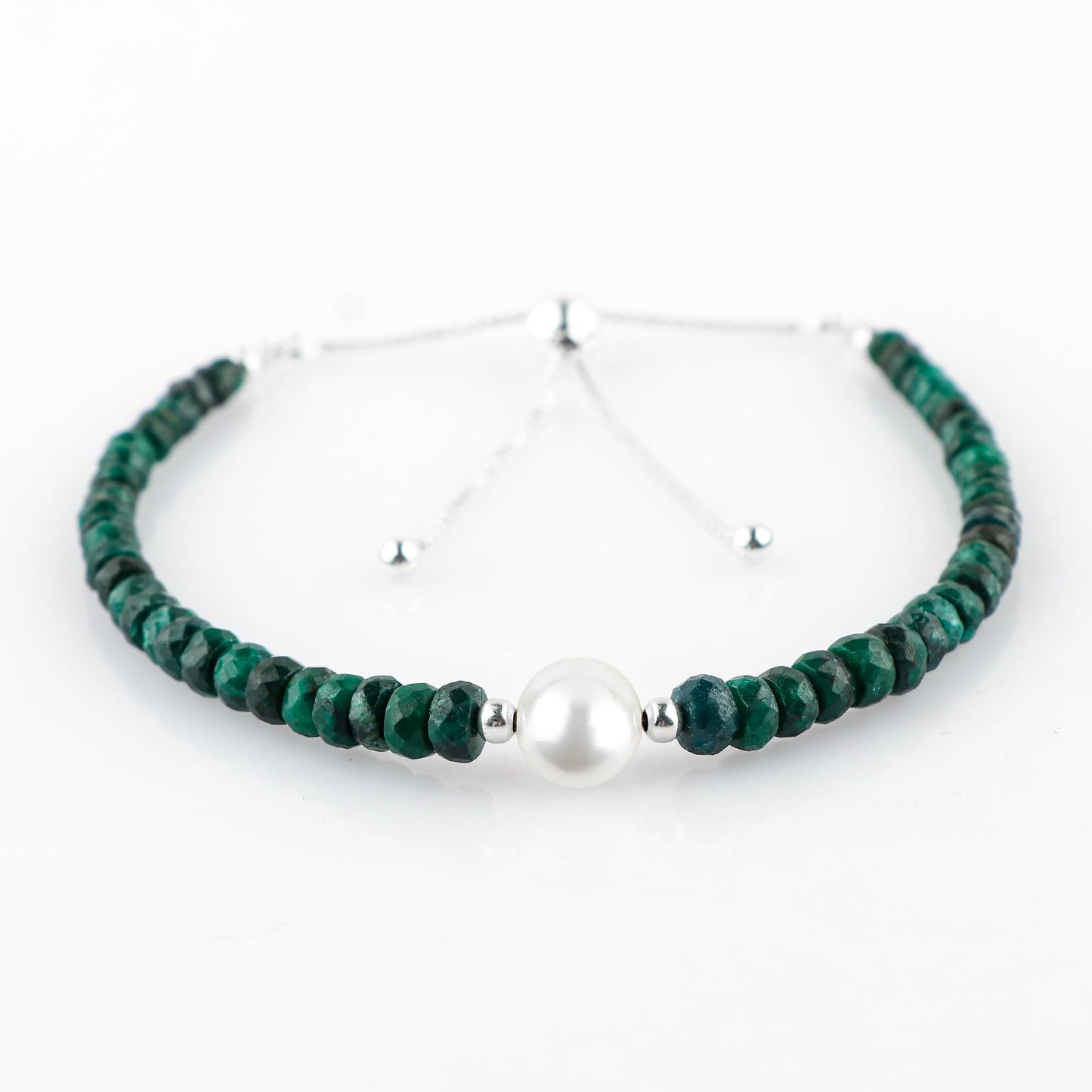 CRYSTALINES Genuine Emerald Color Corundum Gemstone Bolo Bracelet with Pearl Beads, Handmade Hypoallergenic Jewelry, May Birthstone, Healing Crystals, Silver Chain 6+4inch, Trendy Gift