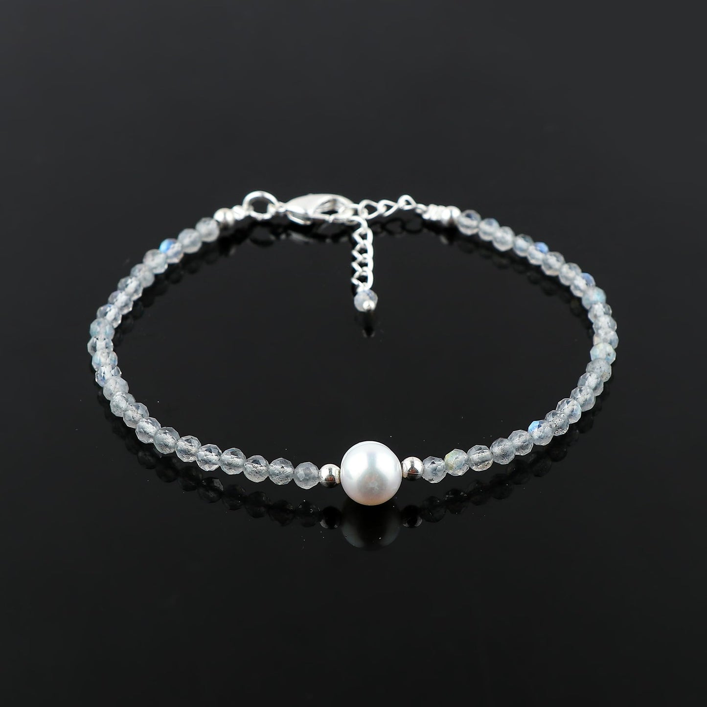 CRYSTALINES Natural Labradorite Gemstone Bracelet, Cultured Pearls Beads Stones, Handmade Hypoallergenic Boho Jewelry for Women, Healing Crystals, Adjustable Silver Plated 7+1inch, Birthday Gift