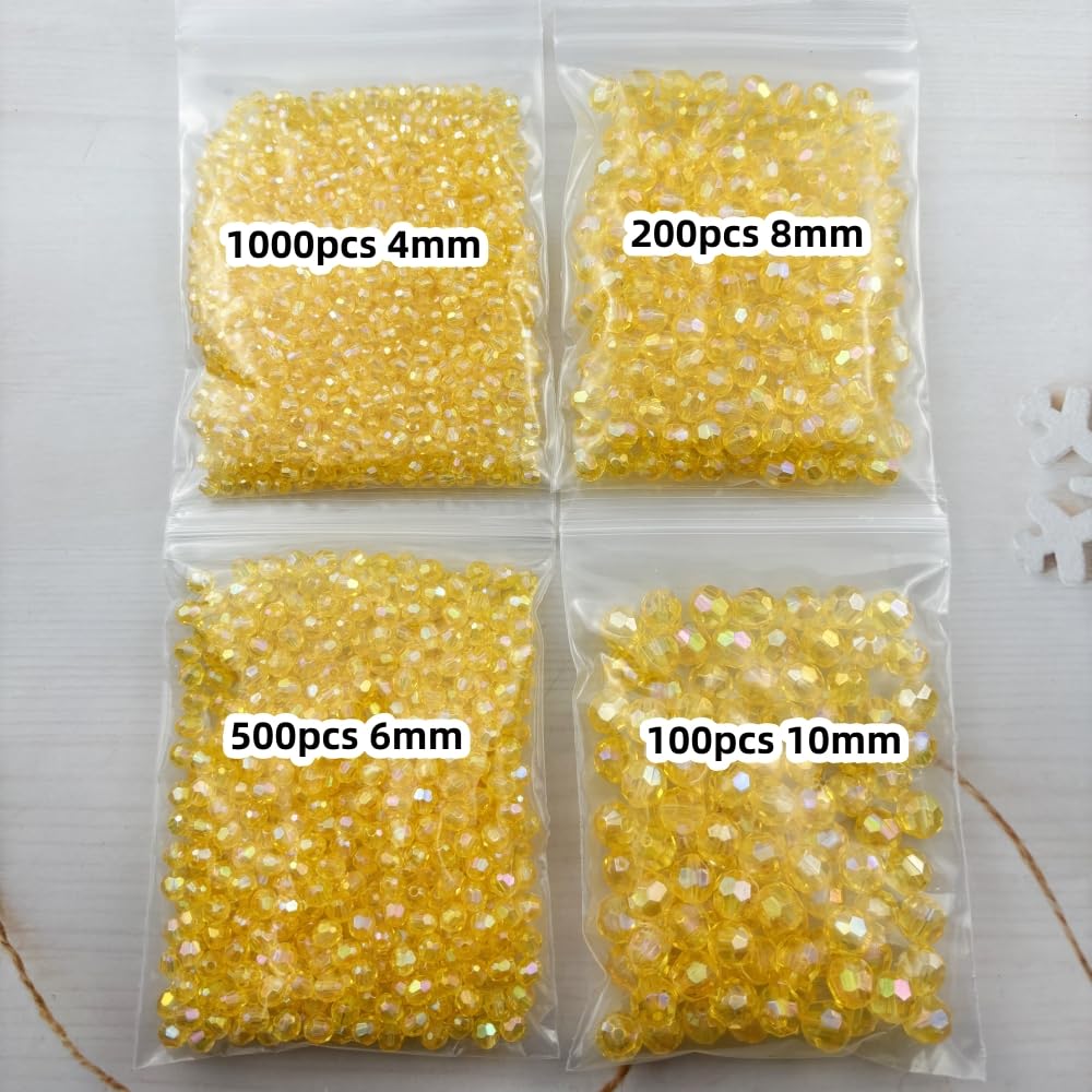 Pinhoollgo 1800pcs Acrylic Faceted Round Beads 4mm 6mm 8mm 10mm AB Colors Glossy Acrylic Round Spacer Beads with Hole for DIY Bracelet Necklace Jewelry Making Supplies Handmade Craft(Yellow AB)
