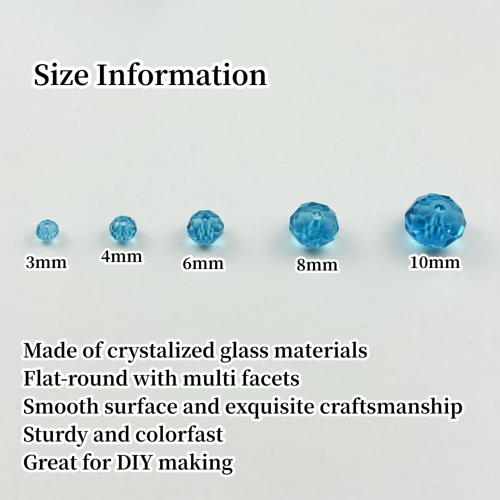 YUEXIGO 600pcs 3mm Crystal Glass Beads for Jewelry Making, Faceted Rondelle Glass Spacer Beads for Wind Chimes Bracelet Earring Necklace DIY Craft(Lake Blue)