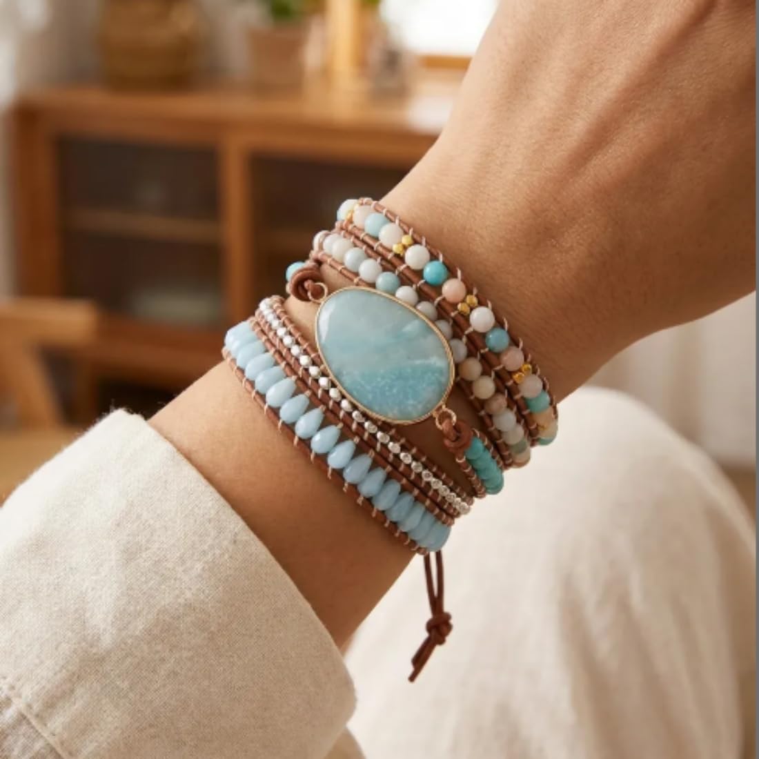YGLINE Handmade Bohemian Natural Stones Bracelet - Leather Bracelet with Chakra and Beads Wrapped for Women