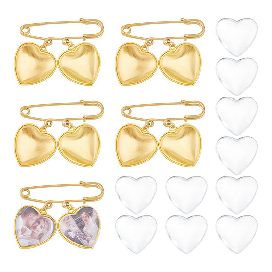 SUPERFINDINGS 5 Set Wedding Bouquet Photo Charm Gold Bridal Brooches Pins DIY Pin Brooch Making Kit Alloy Double Heart Style Pendant Memorial Photo Charm for Women Wedding Memory Bridal Jewelry Gift