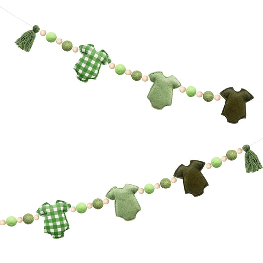Sage Green Plaid Baby Clothes Decorations Pre-Strung Handmade Felt Baby Clothes Wooden Bead Wool Felt Ball Banner Garland for Neutral Gender Reveal Baby Shower Party Nursery Fireplace Home Decor