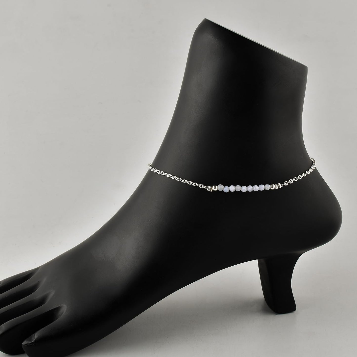 YANARA Blue lace Agate Ankle Bracelet for Women Jewelry, Natural Birthstone, Gemstone Beads, Handmade Dainty Anklet 9"+1.25" inch, 3mm Rounds, Chakra Energy Crystals, Silver Plated Chain