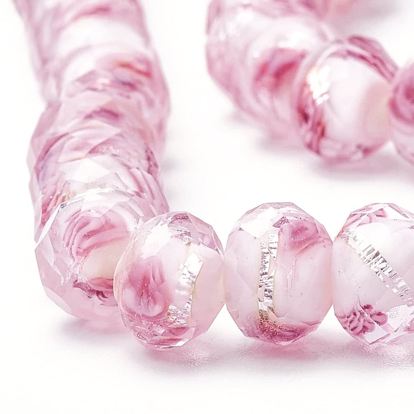 PH PandaHall 70pcs 6~8mm Rose Lampwork Beads Silver Foil Glass Beads Flower Glass Beads Floral Handmade Lampwork Beads Round Loose Beads for Rosary Making Jewelry Craft Making 2mm Hole - Sliver Pink