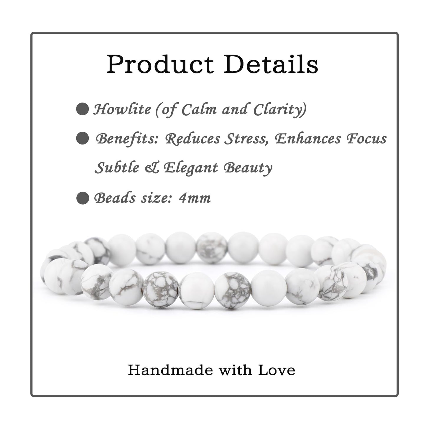 Bymitel 6mm Howlite - Handmade Reiki Gemstone Stretch Bracelet, Natural Beauty & Spiritual Essence, Crystal Healing for Unisex Adults