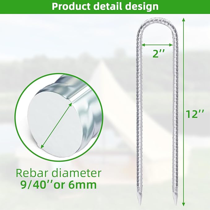 Trampoline Stakes Anchors High Wind 12inx6mm Galvanized U Hook 4pcs Rebar Stakes – Heavy Duty Ground Anchors for Trampoline,Yard & Inflatable,Landscape Metal Stakes for Outdoor Decorations