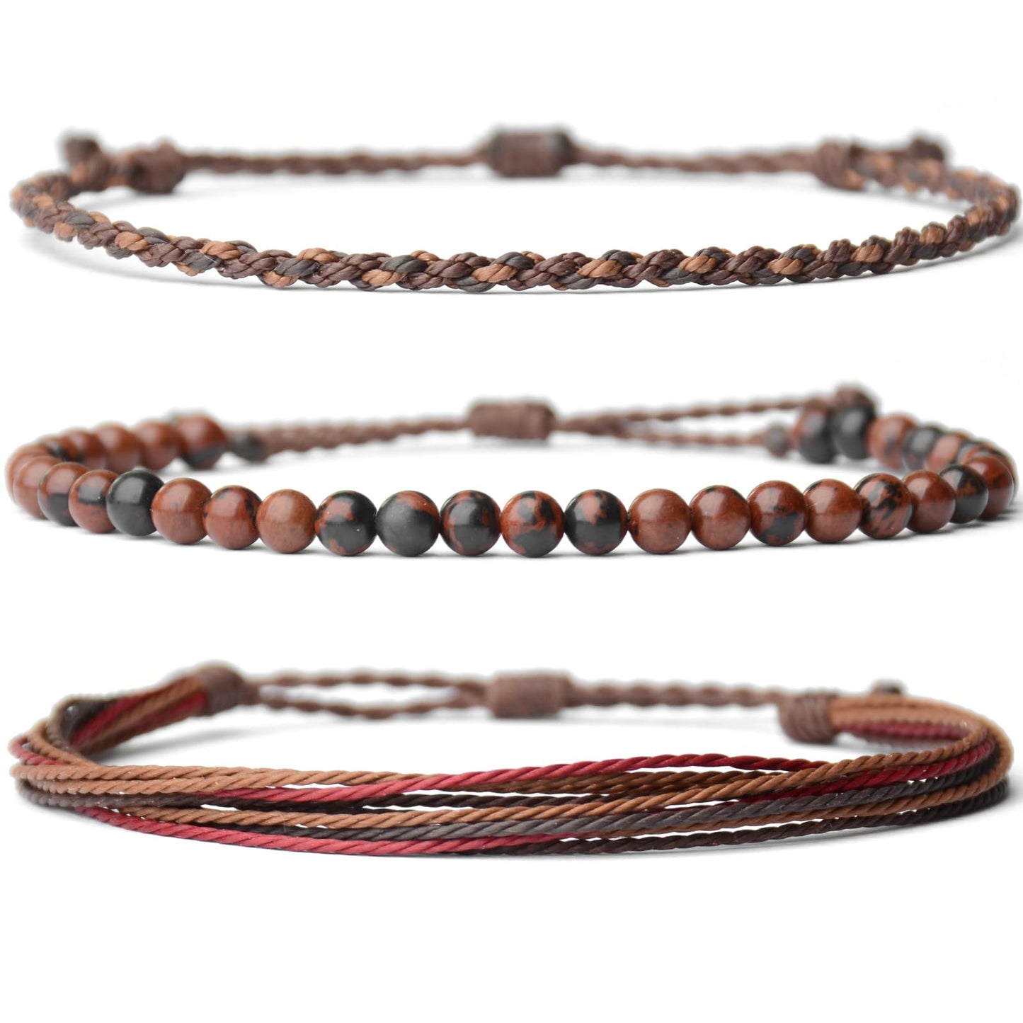 Handmade Natural Stone Beaded Healing Bracelet Gift for Men Adjustable Rope String Bracelet (Mahogany Obsidian, Adjustable)