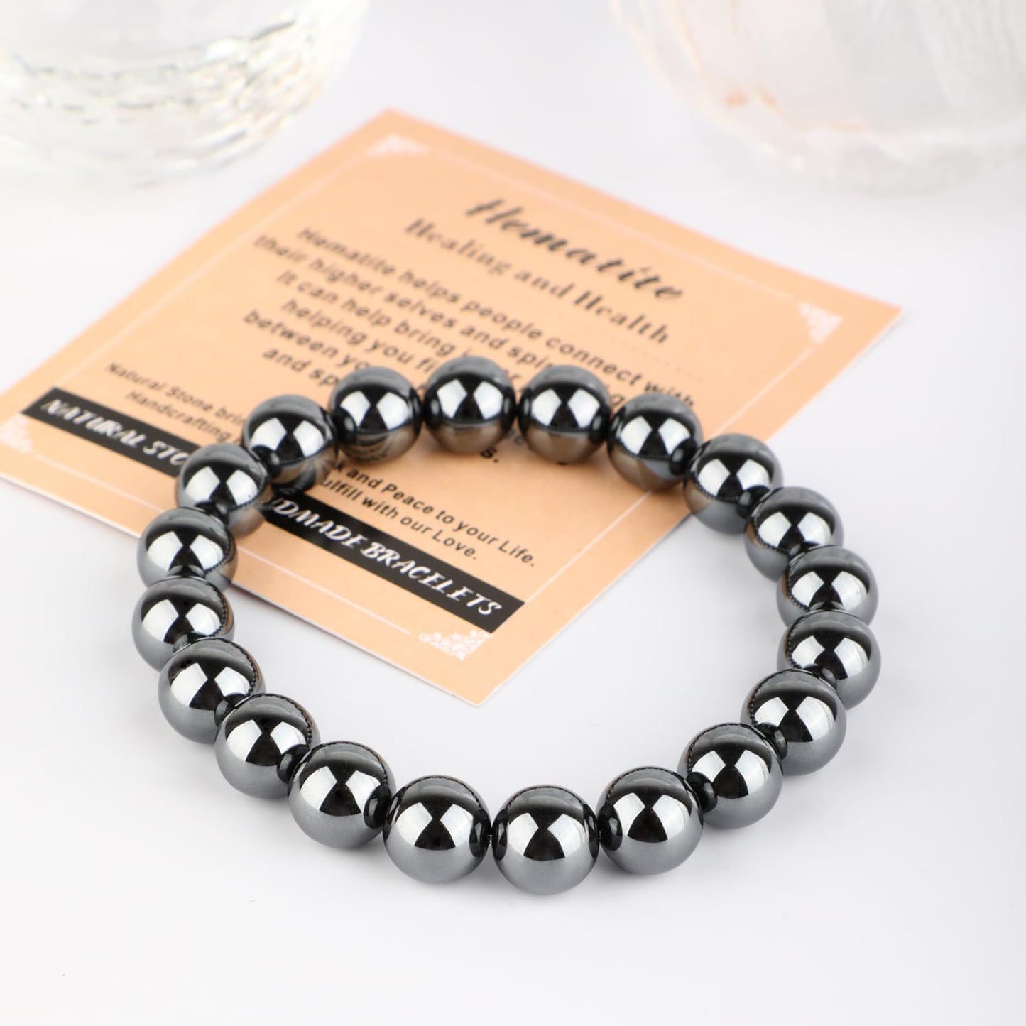 AD Beads 10mm Handmade Hematite Elastic Bracelet – Natural Gemstone for Healing and Health – Meditation, Yoga, Healing and Energy Gift for Men Women
