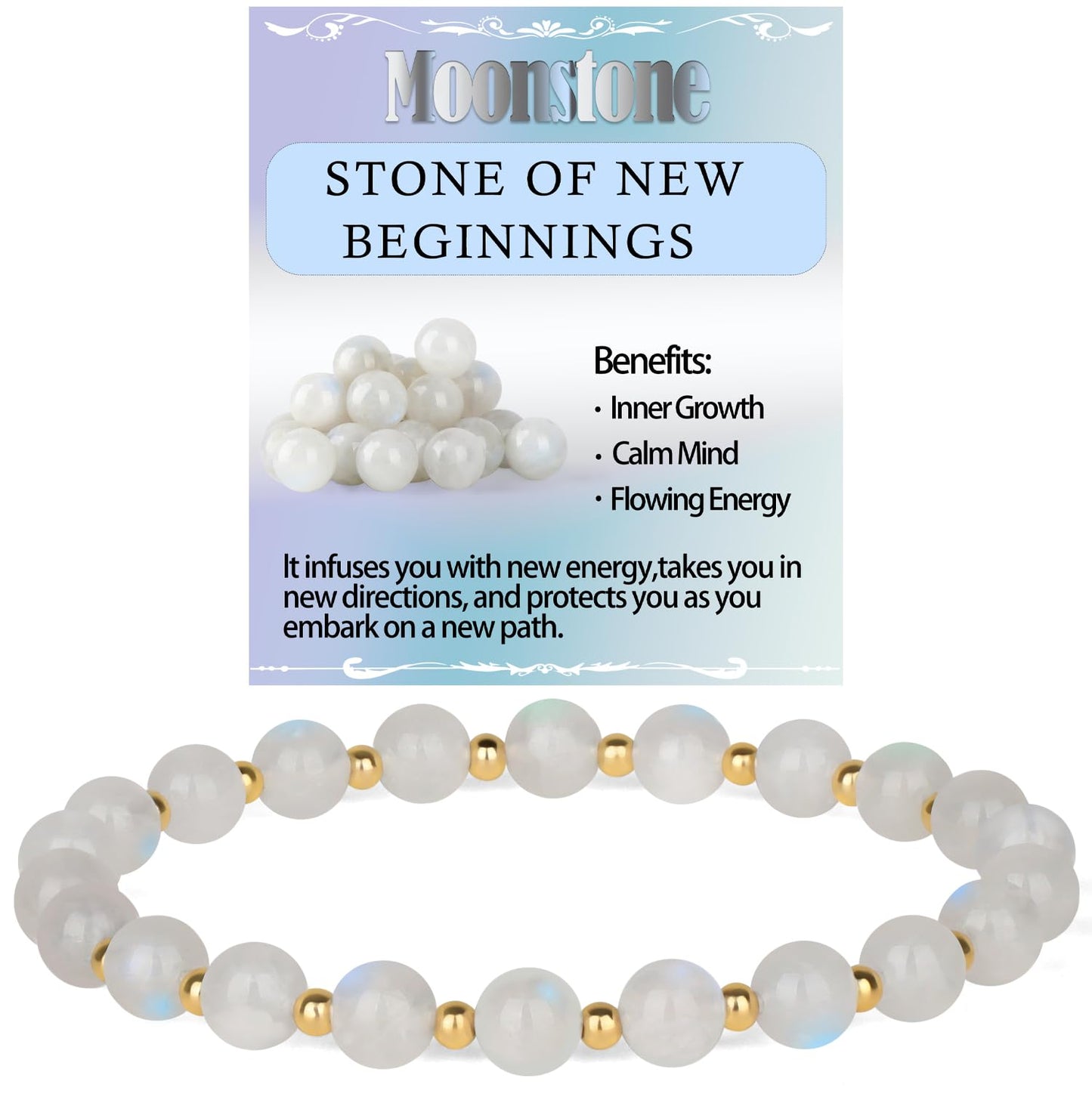 QOGIR Moonstone - New Beginnings - 14K Gold Plated Beads Natural Gemstone Stretch Elastic Dainty Healing Beaded Bracelets Gifts 6mm