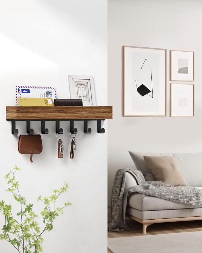 Key Holder Wall Mount Adhesive Magnetic - Hanging Key Hooks with Mail Organizer Tray for Wallet House - Keys Hanger Rack with Shelf for Camper Entryway Door Home Living Room Decor Large Rustic