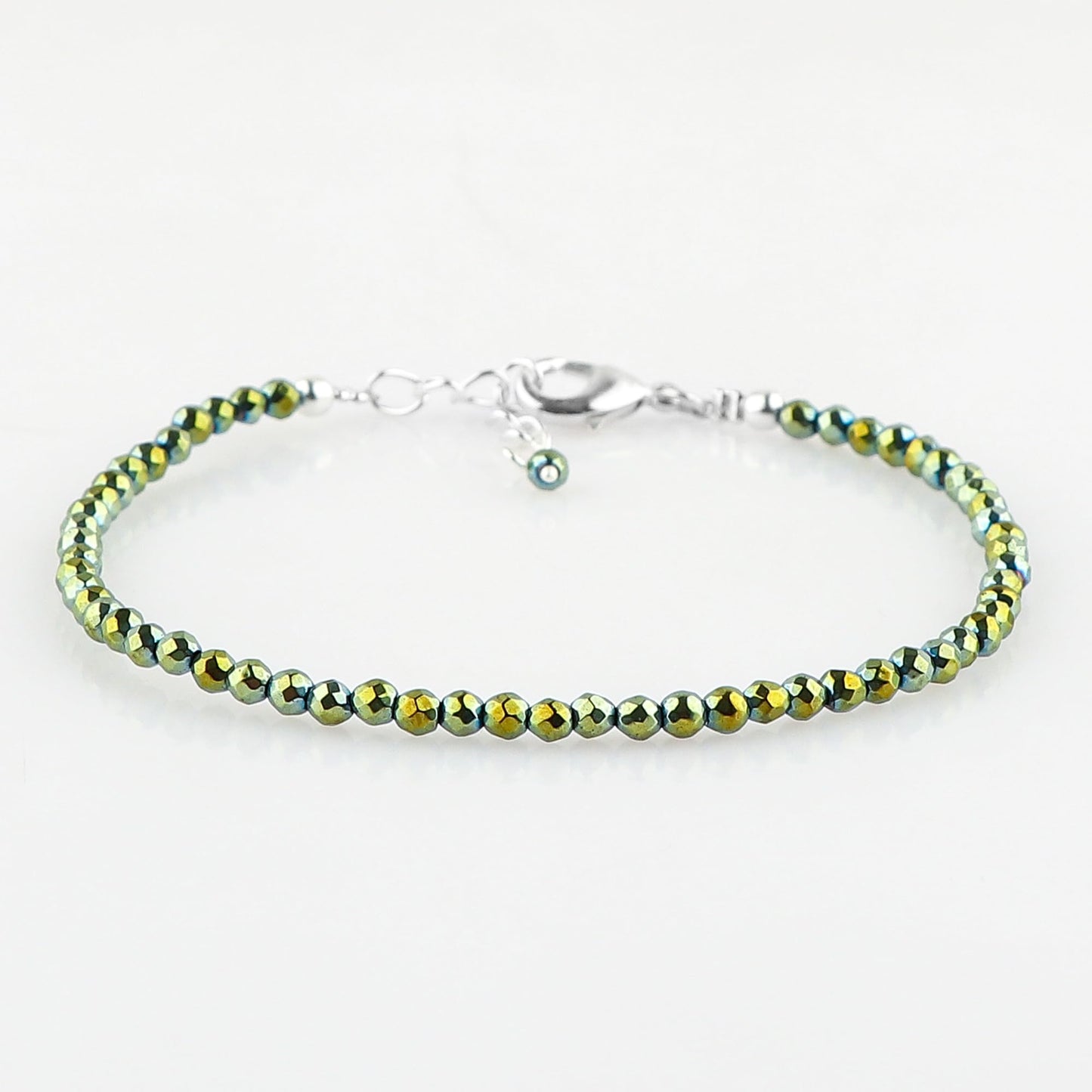 CRYSTALINES Genuine Green Hametite Gemstone Bracelet, Faceted Beads Stones, Hypoallergenic Handmade Boho Jewelry for Women, Healing Crystals, Adjustable Silver Chain 7+1inch, Birthday Gift