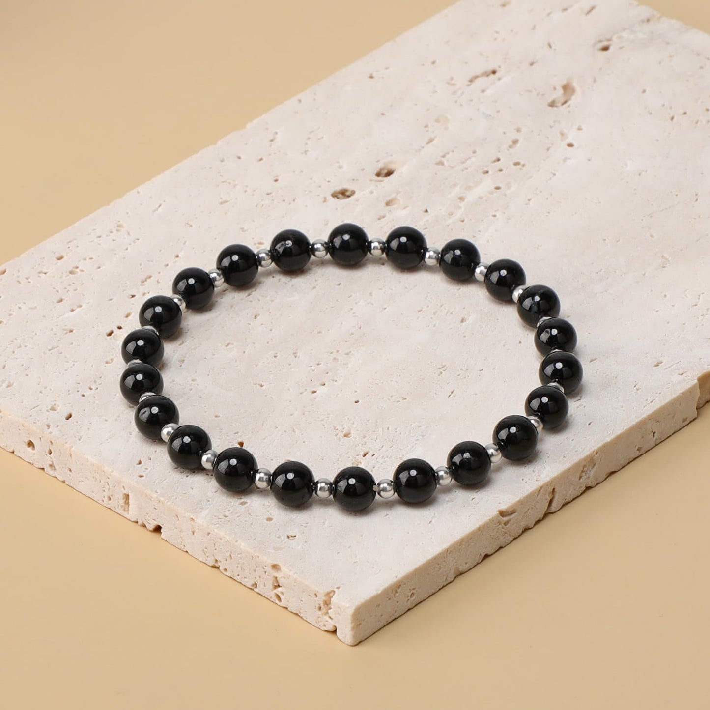 QOGIR Black Tourmaline - Psychic Protection - Stainless Silver Beads Natural Gemstone Stretch Elastic Dainty Healing Beaded Bracelets Gifts 6mm