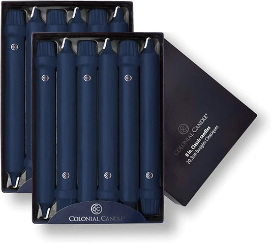 Colonial Candle Unscented Taper Candle, Classic Collection, Indigo, 8 In, Pack of 12 - Up to 6 Hours Burn