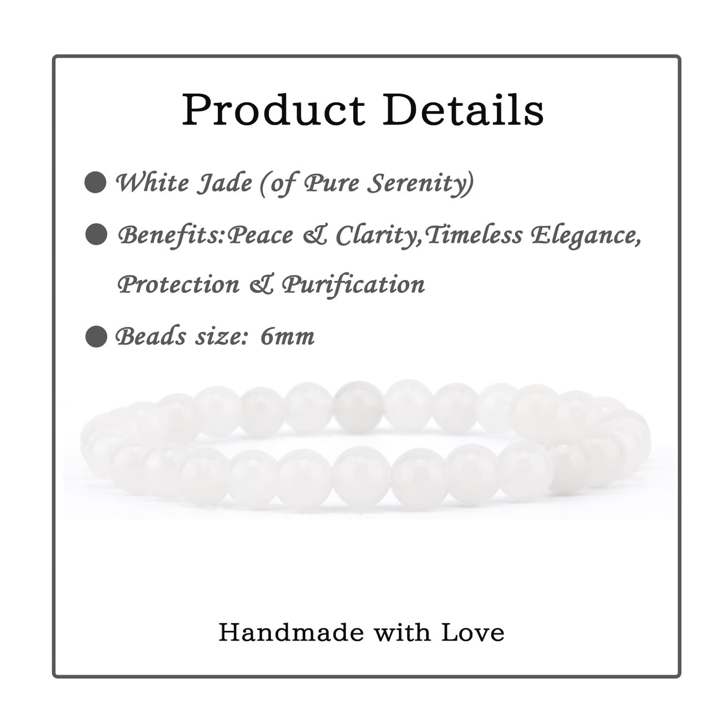Bymitel 6mm White Jade - Handmade Reiki Gemstone Stretch Bracelet, Natural Beauty & Spiritual Essence, Crystal Healing for Unisex Adults