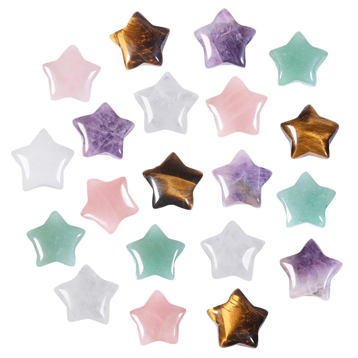 SUNYIK Pack of 20 Mini Star Crystal Pocket Stone, Healing Crystal Worry Stone for Reiki Meditation Anxiety Stress Jewelry Making, Amethyst/Rose Quartz/Rock Quartz/Tiger’s Eye/Green Aventurine