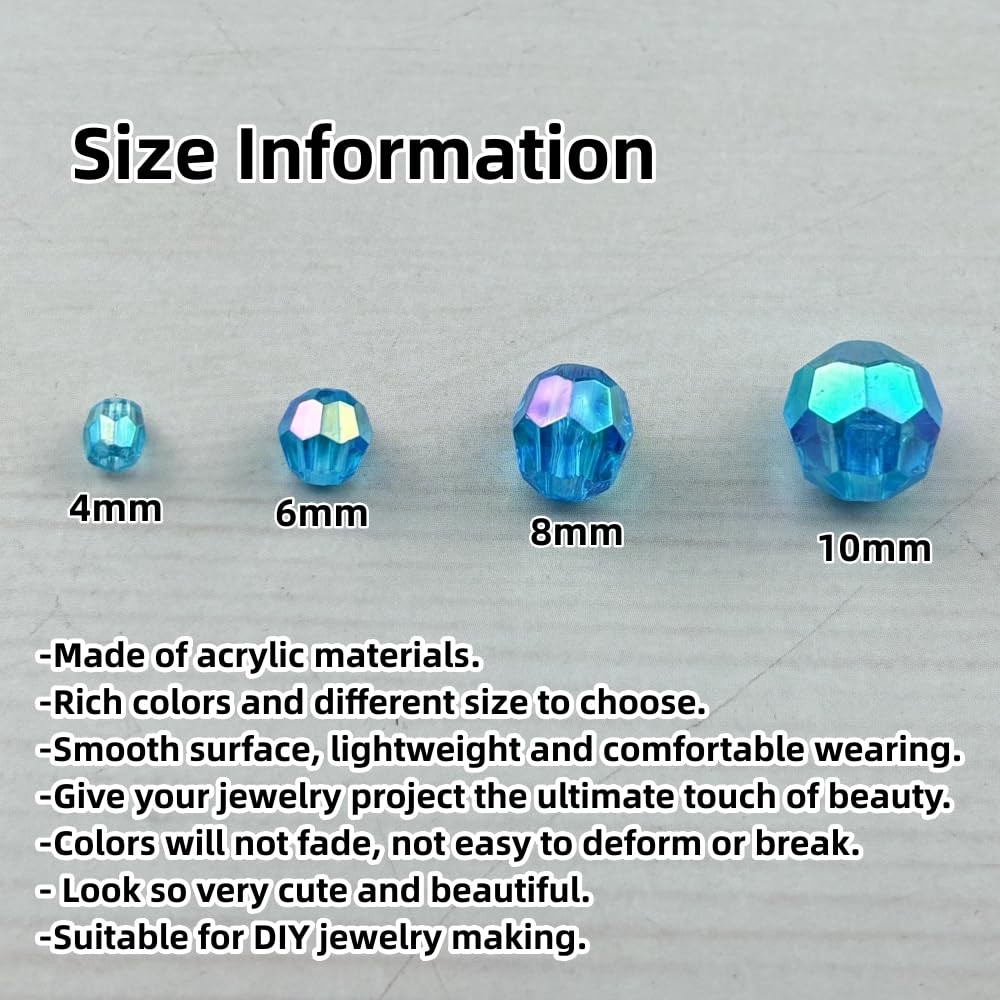 Pinhoollgo 1800pcs Acrylic Faceted Round Beads 4mm 6mm 8mm 10mm AB Colors Glossy Acrylic Round Spacer Beads with Hole for DIY Bracelet Necklace Jewelry Making Supplies Handmade Craft(Lake Blue AB)