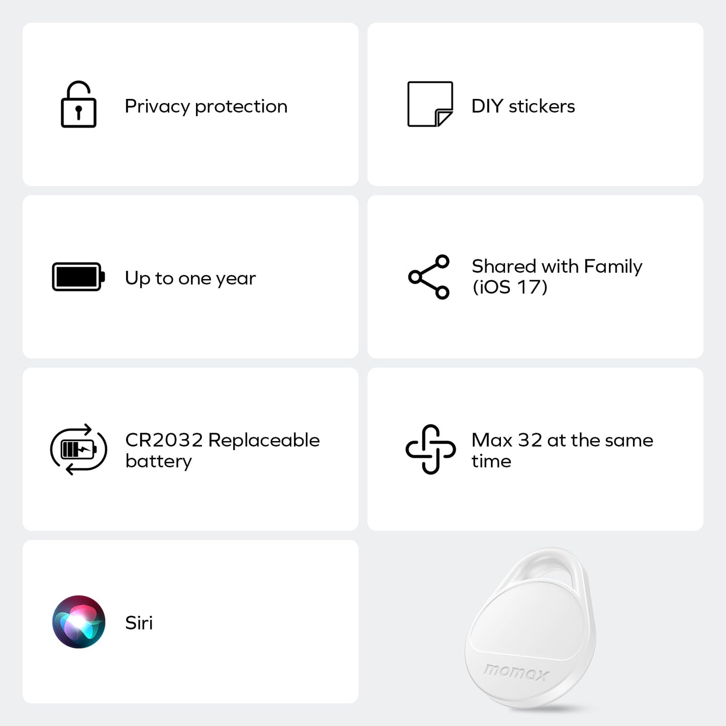 Momax Key Finder Tracker Tag - [Apple MFi Certified] Smart Bluetooth Tracking Device with Find My (iOS Only), Replaceable Battery, DIY Stickers, for Wallets, Luggage, Suitcases, Backpacks, 2 Pack
