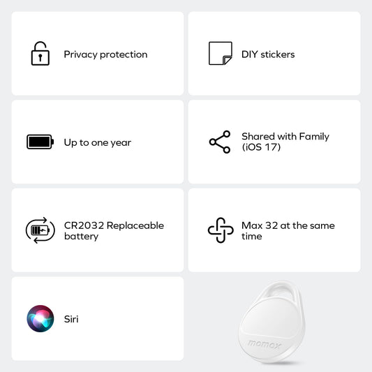 Momax Key Finder Tracker Tag - [Apple MFi Certified] Smart Bluetooth Tracking Device with Find My (iOS Only), Replaceable Battery, DIY Stickers, for Wallets, Luggage, Suitcases, Backpacks, 2 Pack