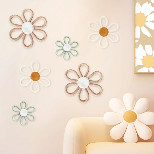 cntjv 6 Pcs Boho Daisy Wall Decor Colorful Floral Macrame Wall Hanging Set 3 Mixed Size Cute Small Flower Art for Home Girls Room Nursery Classroom (Brown Beige Green)