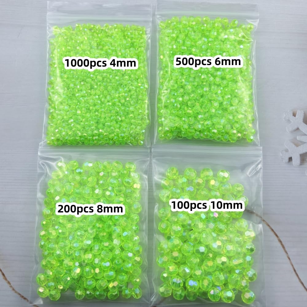 Pinhoollgo 1800pcs Acrylic Faceted Round Beads 4mm 6mm 8mm 10mm AB Colors Glossy Acrylic Round Spacer Beads for DIY Bracelet Necklace Jewelry Making Supplies Handmade Craft(Fluorescent Green AB)