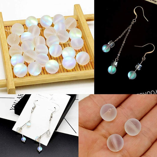 100 Pcs Glass Beads for Jewelry Making, 8mm Matte Crystal Glass Beads Mermaid Aurora Beads Moonstone Beads Bead Assortments for Jewelry Making Arts, Crafts