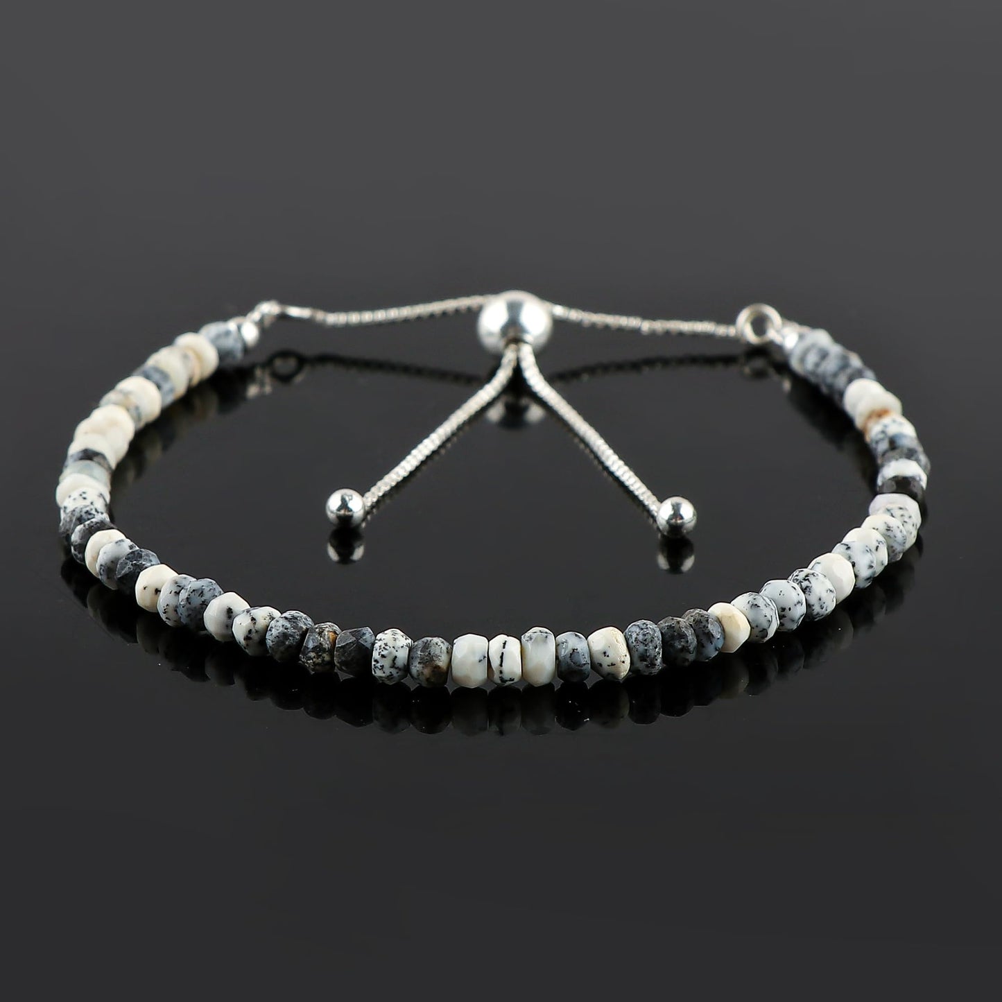 CRYSTALINES Natural Dendrite Opal Gemstone Bolo Bracelet, Faceted Beads Stones, Hypoallergenic Handmade Boho Jewelry for Women, Healing Crystals, Adjustable Silver Chain 6+4inch, Birthday Gift