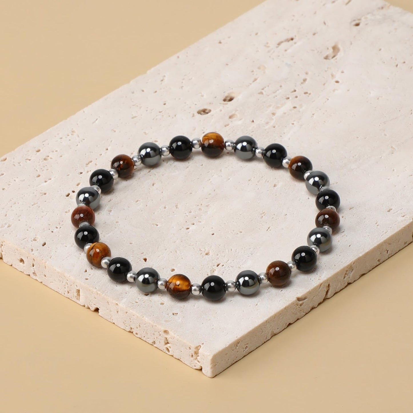 QOGIR Triple Protection - Onyx Hematite Tiger - Stainless Silver Beads Natural Gemstone Stretch Elastic Dainty Healing Beaded Bracelets Gifts 6mm