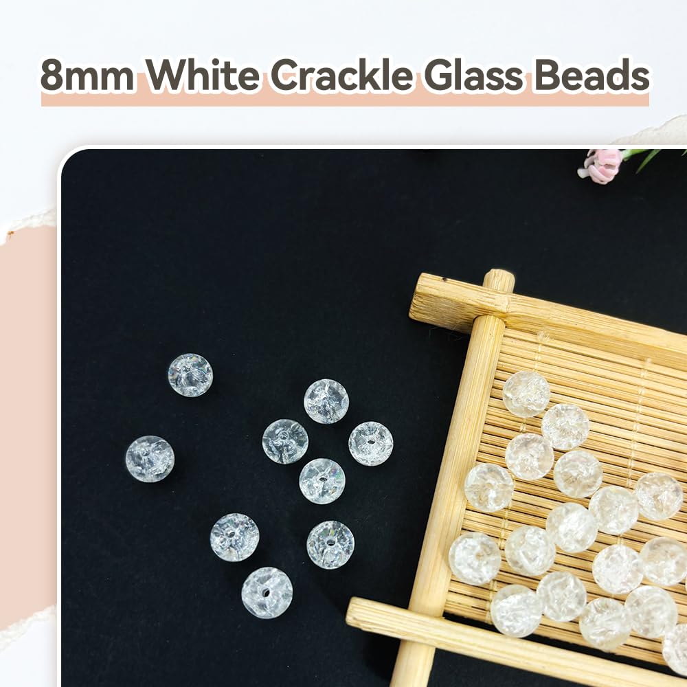 PAMIR TONG 400pcs 8mm Round Glass Beads for Bracelet Pretty Smooth Loose Beads for Necklace-Earring-Jewelry Making and DIY Crafts (Crackle White)