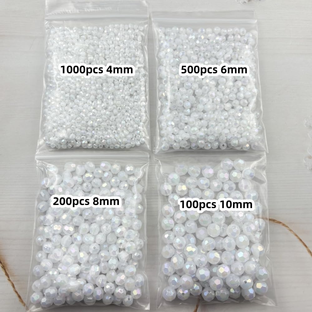 Pinhoollgo 1800pcs Acrylic Faceted Round Beads 4mm 6mm 8mm 10mm AB Colors Glossy Acrylic Round Spacer Beads with Hole for DIY Bracelet Necklace Jewelry Making Supplies Handmade Craft(White AB)