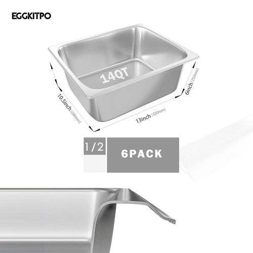 EGGKITPO 6-Pack Steam Table Pan Half Size 6 Inch Hotel Pan, Stainless Steel Metal Food Pan for Restaurant Food Container Warming Pans for Daily Use and Commercial