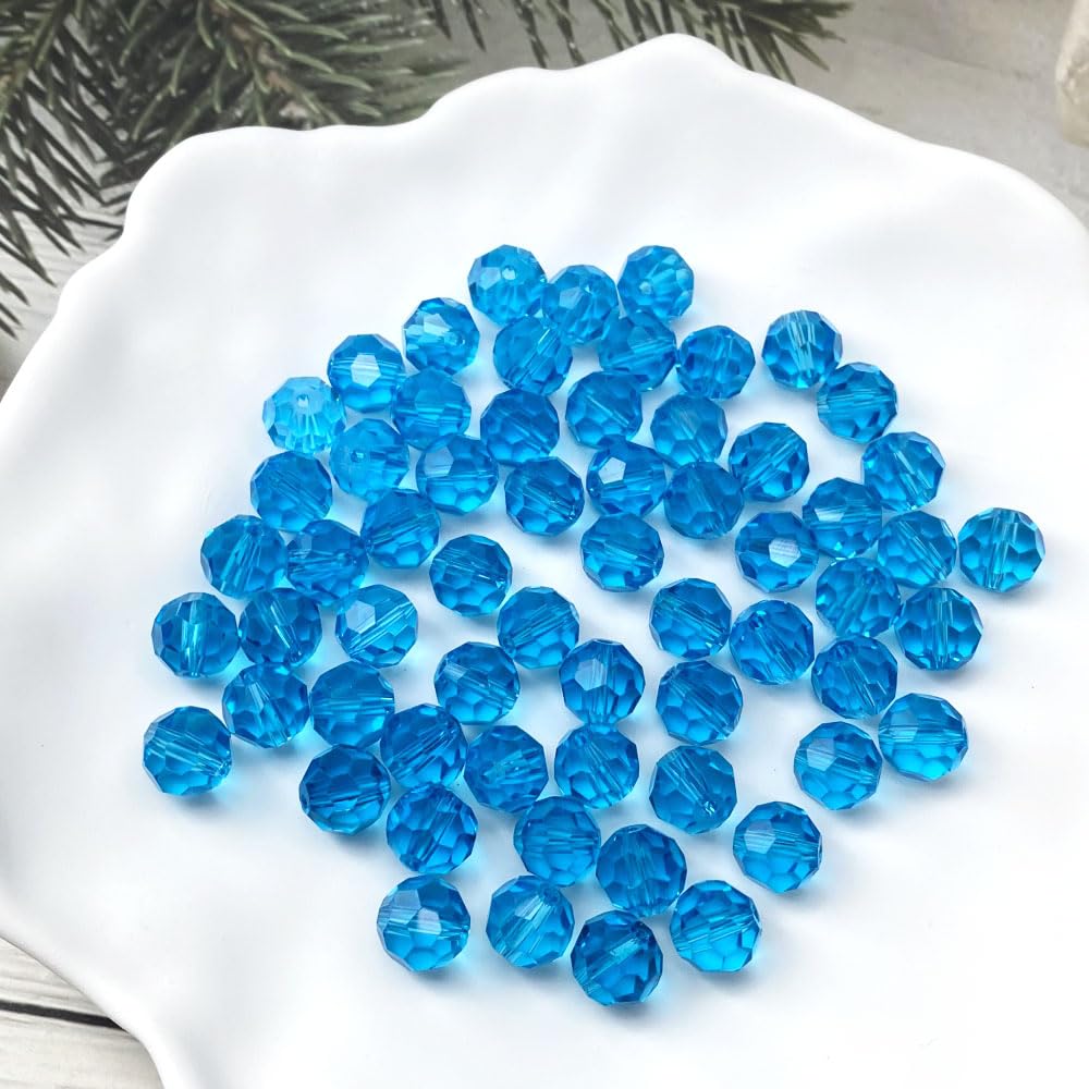 LIMAOLLY 70pcs 10mm Faceted Crystal Glass Beads Round Spacer Beads for Jewelry Making DIY Craft Making Necklace Bracelet Earring Wind Chimes Suncatchers Ornament(506-Aquamarine)