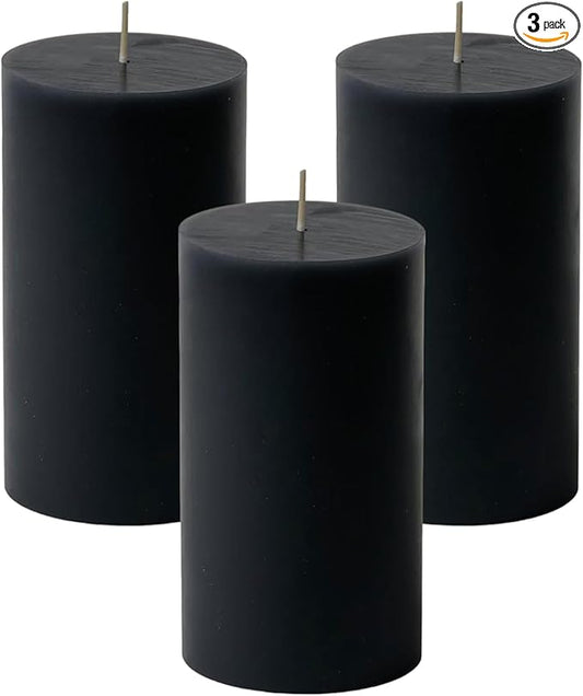 Mister Candle Dripless Unscented Pillar Candles, Set of 3 Hand Poured Black Pillar Candles, Solid Color for Home Decor, Premium Wax, 8 0 Hr Burn Time, 3x6 Inch