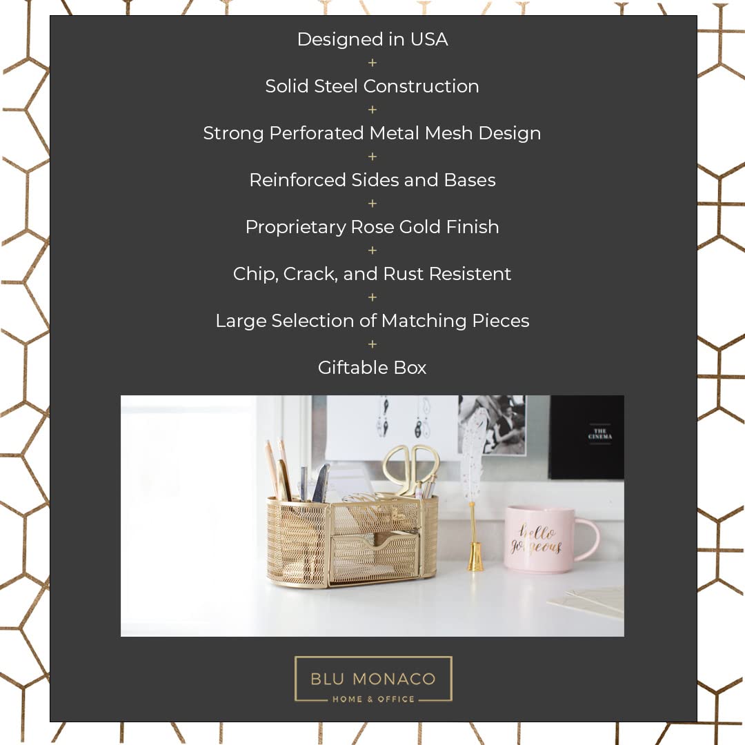 BLU MONACO | Gold Desk Organizer Set with Drawer | Metal Mesh Desk Accessories for Women | Stylish Desktop Organizer for Office Storage, Supplies & Small Stationery