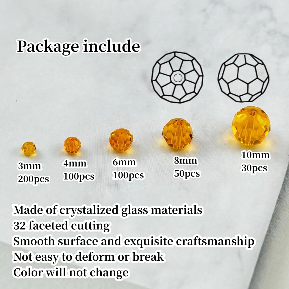 Honkoolly 480pcs Crystal Glass Beads 3mm 4mm 6mm 8mm 10mm Round Faceted Glass Spacer Beads for Bracelets Necklace Earring DIY Jewelry Making Craft(Orange)