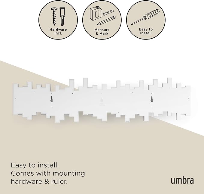 Umbra Sticks Wall-Mounted Coat Rack Rail Hook with 8 Retractable Pegs – Modern, Space-Saving Storage Organizer, White